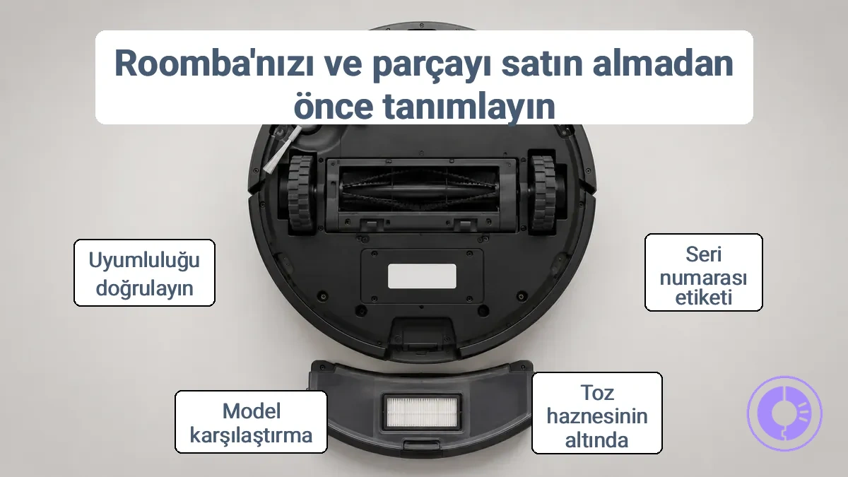 Roomba süpürgenin toz haznesinin altındaki seri numarası etiketi konumu