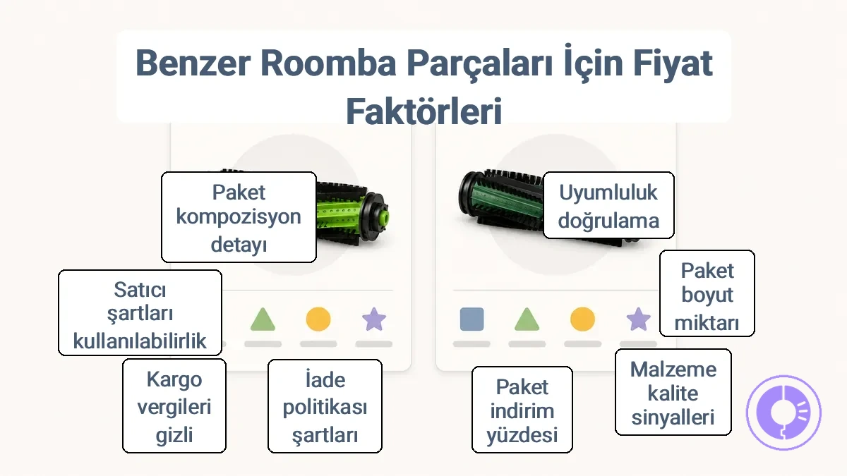 Roomba parça maliyet-değer karşılaştırmalarını yönlendiren temel liste alanlarını gösteren açıklamalı örnek.