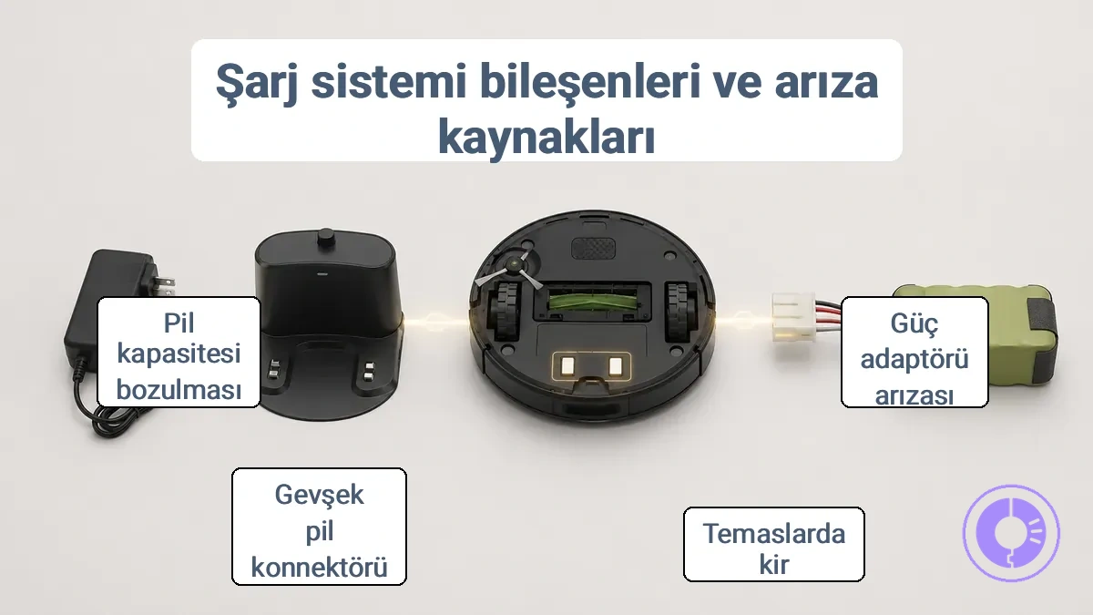 Roomba şarj sistemi bileşenleri etiketlenmiş: şarj istasyonu, temas noktaları ve batarya bağlantısı.