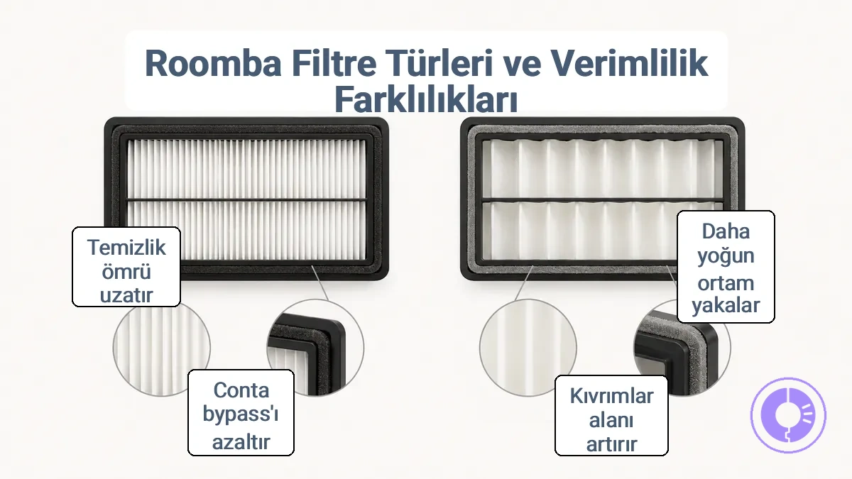 Farklı Roomba yedek filtre türlerinin ortam yoğunluğu, kıvrım ve çerçeve conta kenarını gösteren karşılaştırması