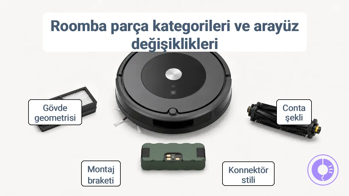 Farklı filtre, fırça ve batarya arayüzlerini gösteren Roomba yedek parça kategorileri