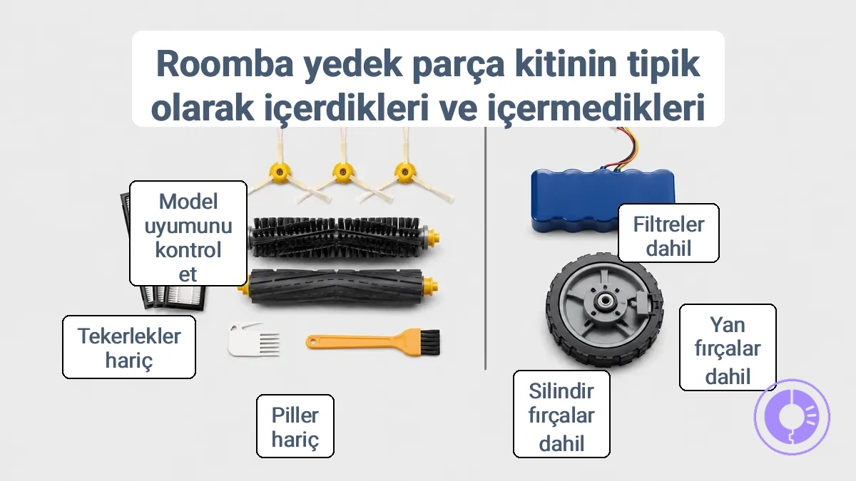 Tipik bir kitte bulunan yaygın Roomba yedek parçalarının açıklamalı örneği ve hariç tutulabilecek öğelere ilişkin notlar.