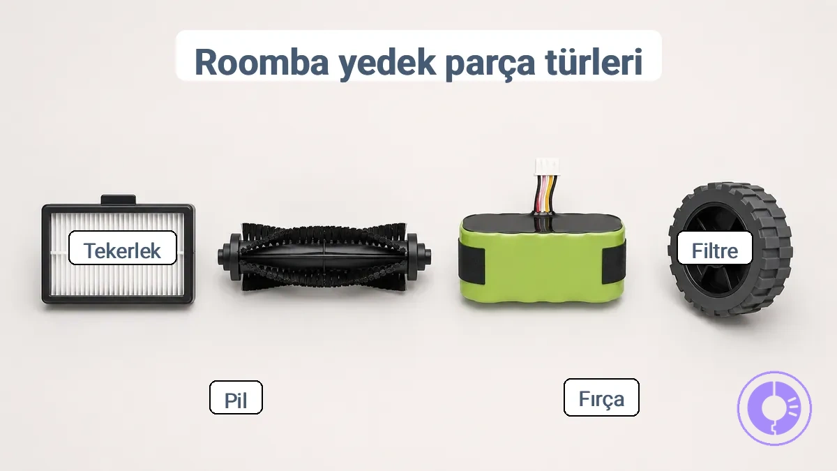Roomba yedek parça kategorileri: filtre, fırça, pil, tekerlek
