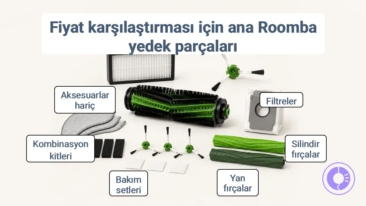 Fiyat karşılaştırmasında kullanılan Roomba yedek parça kategorilerini etiketleyen açıklamalı görsel.