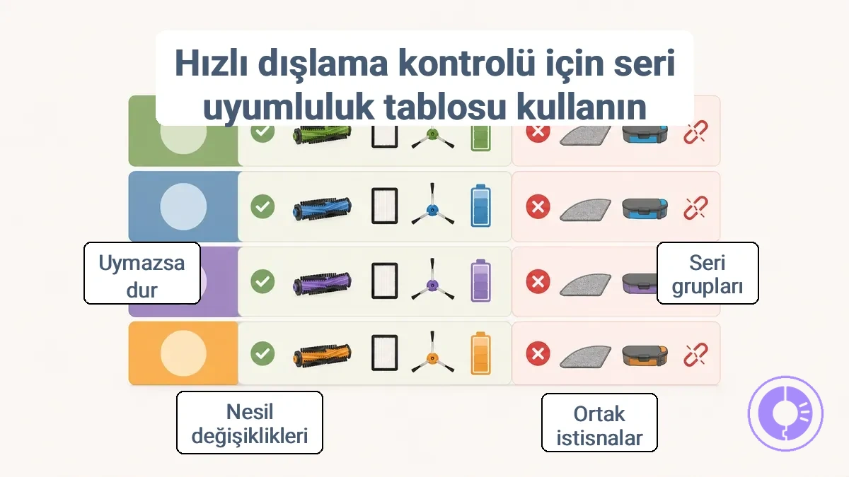 Roomba yedek parçaları için seri düzeyinde uyumluluk tablosu, seri gruplarını ve yaygın istisnaları gösterir