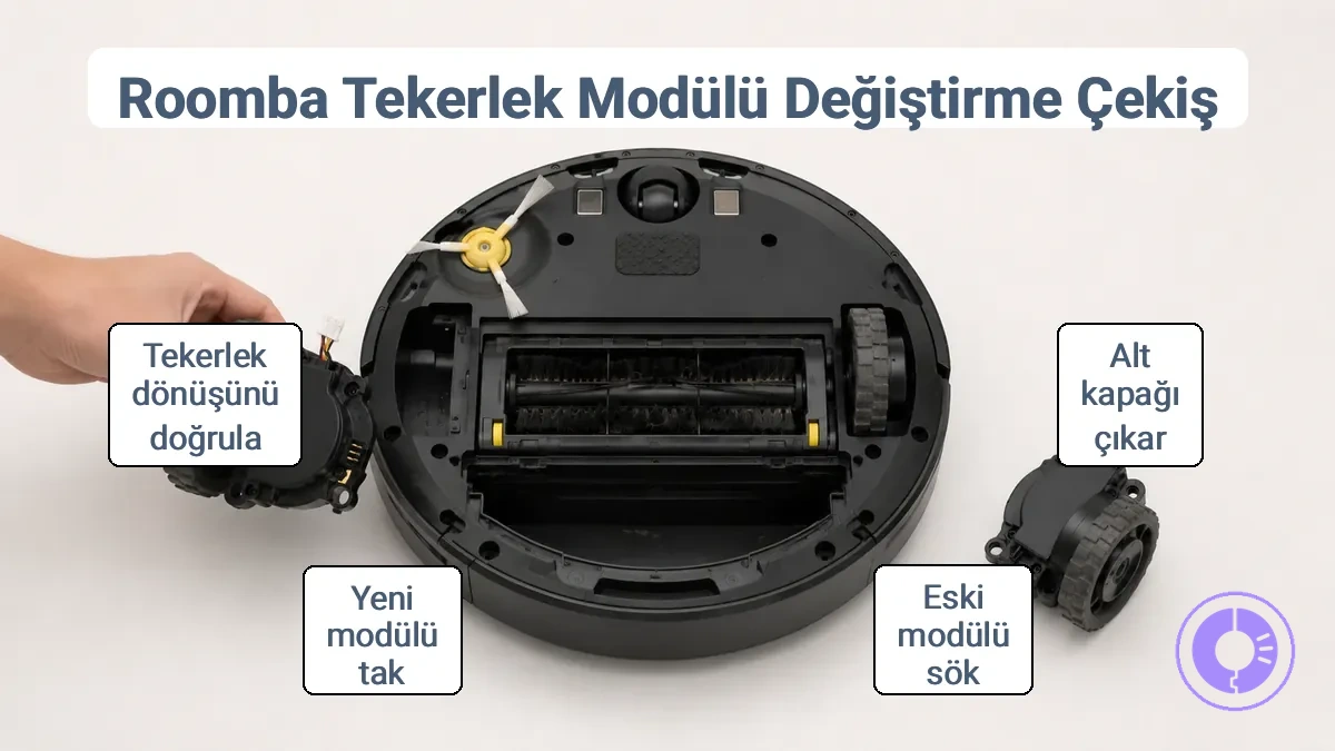 Roomba alt tarafı, tekerlek modülü yuvasını ve erişim noktalarını gösteriyor
