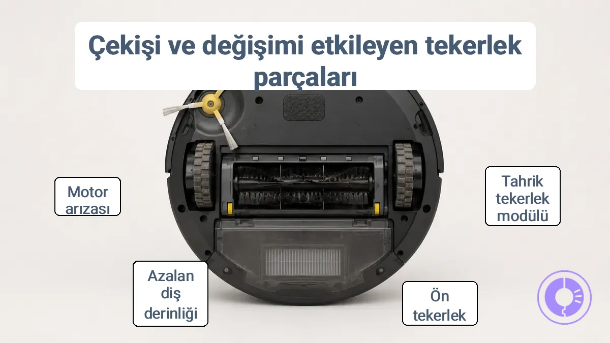 Roomba üzerinde tahrik tekerlek modülü ve ön döner tekerleği gösteren diyagram