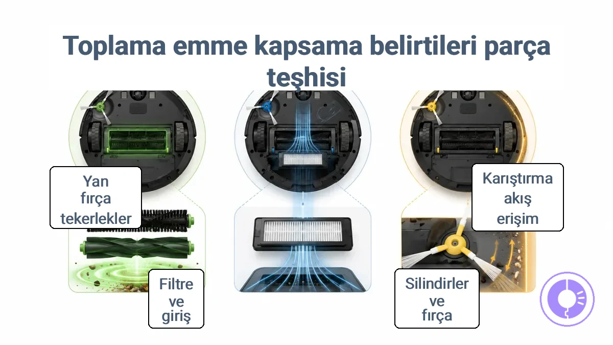 Toplama, emiş ve kapsama belirtilerini karşılaştıran diyagram. Toplama altında: silindirler ve hareket; emiş altında: filtre ve hava akışı; kapsama altında: yan fırça ve erişim.