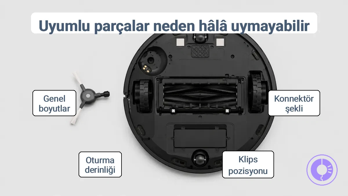 Uyum doğrulaması için konnektör ve klips hizalamasını gösteren Roomba yedek parçası