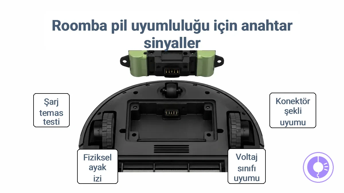 Roomba batarya paketi uyum doğrulaması için konnektör ve bölme hizalaması