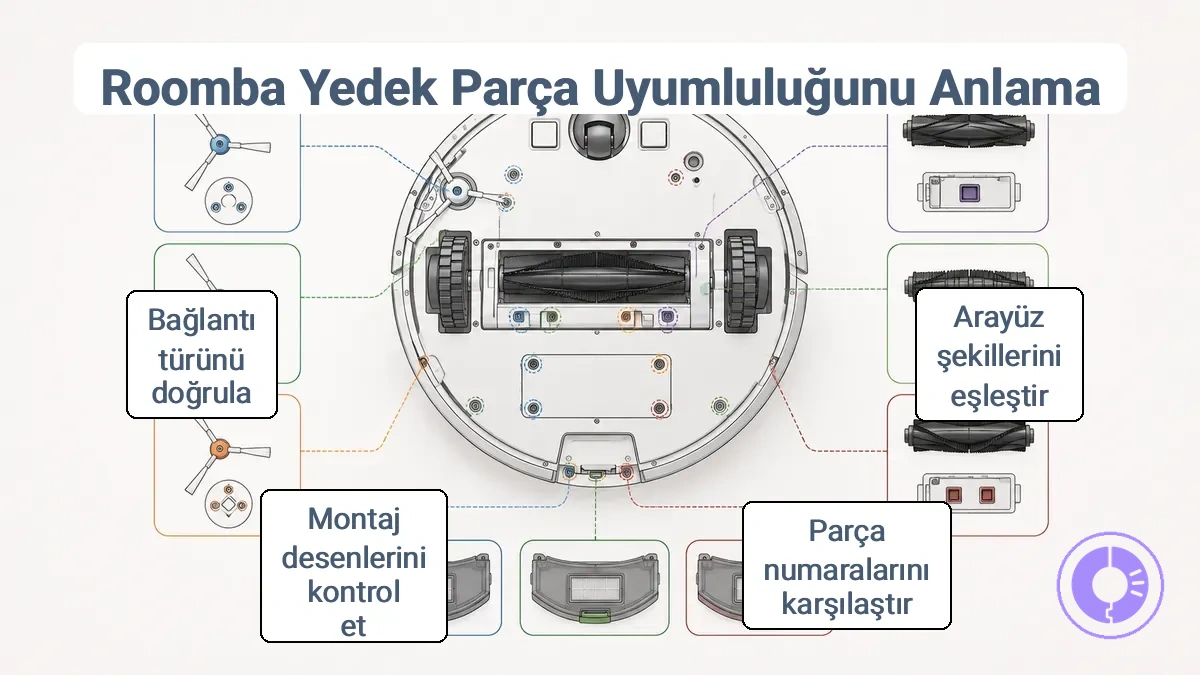Roomba yedek parçaları uyumluluk diyagramı: seriye özel montaj noktaları ve konnektör tipleri