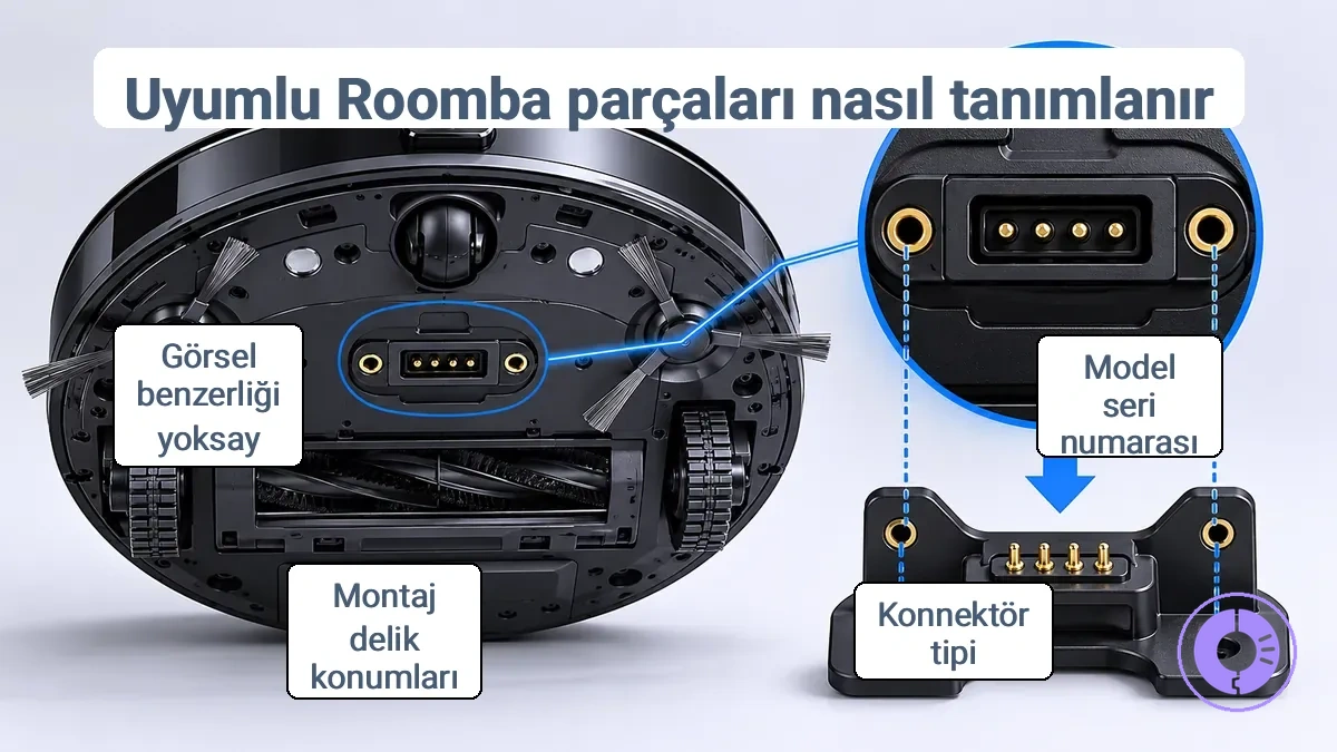 Yedek parça uyumluluğu için karşılaştırılacak Roomba model/seri etiket konumu ve ana uyum noktaları