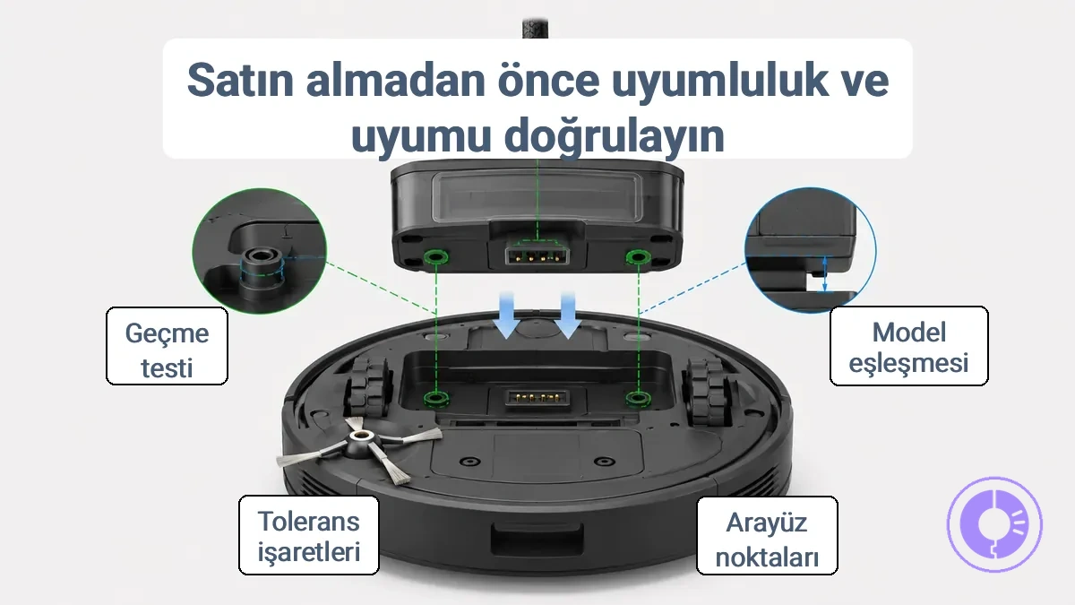 Uyum doğrulaması için konnektör hizalaması, montaj noktaları ve boşluk ipuçlarını gösteren açıklamalı Roomba parça arayüzü.
