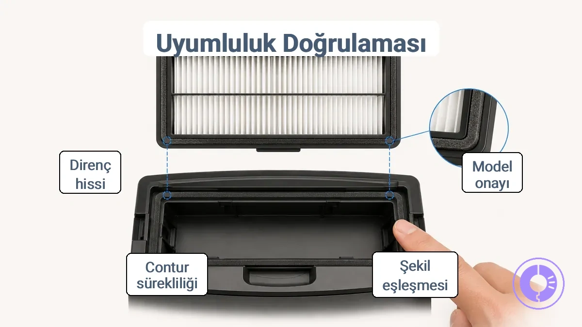 Roomba filtre şekil eşleşmesi, temas noktaları ve yuvadaki conta hizalamasını gösteren diyagram