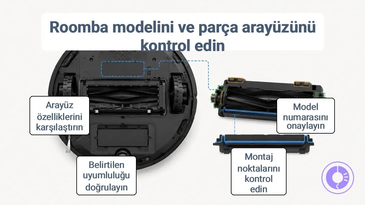 Roomba model etiketi konumu ve montaj noktaları ile konektörler gibi parça arayüz özellikleri