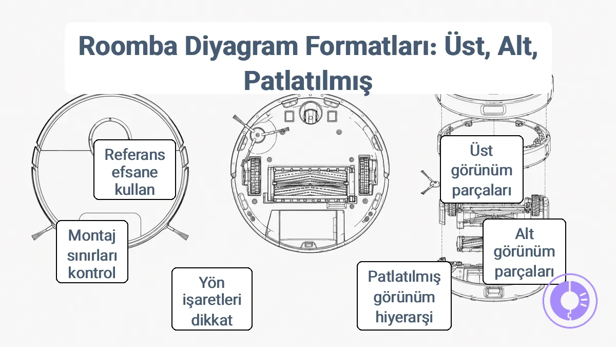 Üst görünüm, alt görünüm ve patlatılmış Roomba parça şeması biçimlerinin karşılaştırması.