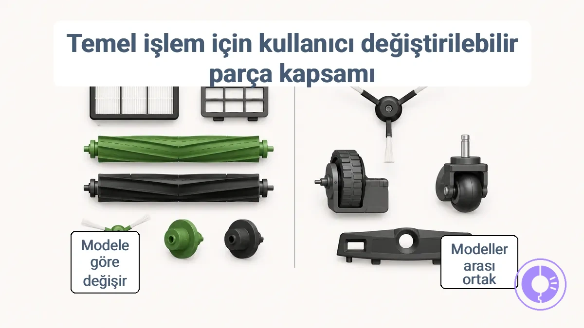 Erişim adımlarında model farklılığı gösteren, kullanıcı tarafından değiştirilebilen yaygın Roomba parçaları