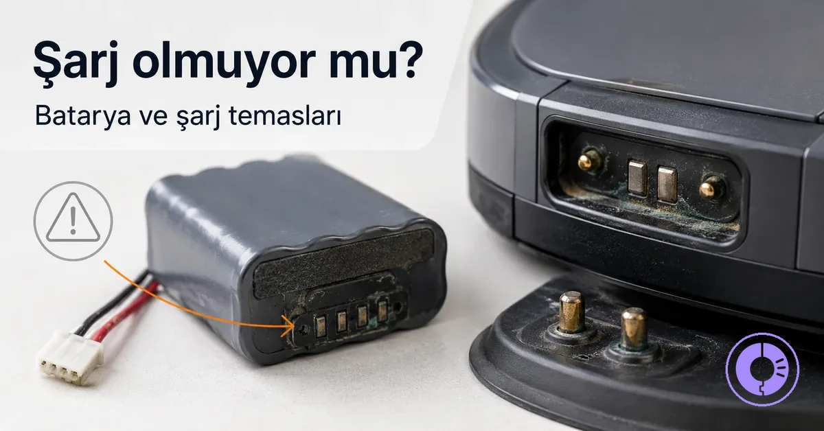 Roomba bataryası ve şarj temasları; şarj sorunları için yedek parça olarak gösterilmiş