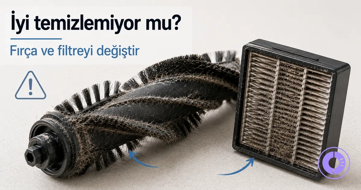 Aşınmış Roomba fırçaları ve filtre; temizlik performansı düşünce olası değişim parçaları olarak gösterilmiş