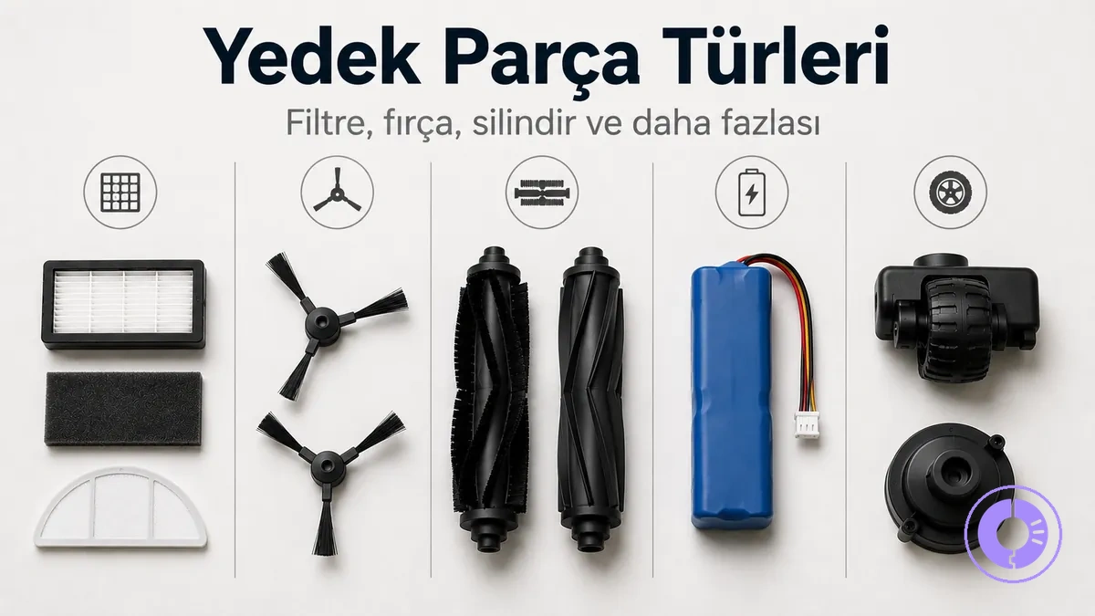 Kategori farklarını göstermek için yan yana dizilmiş Roomba yedek parça türleri