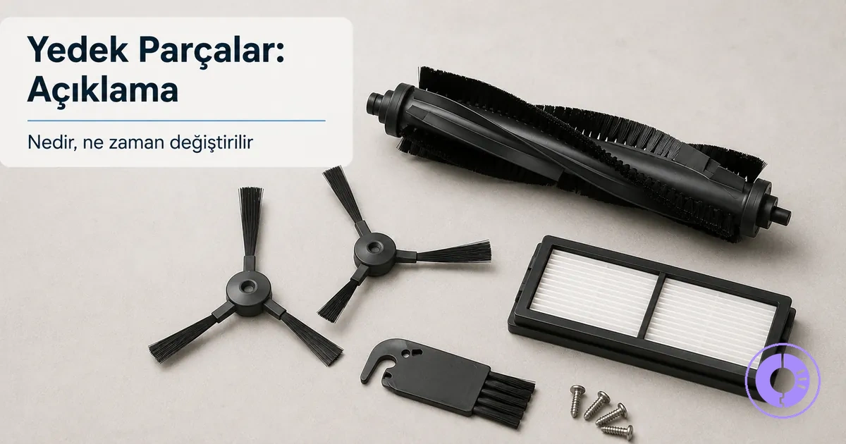 Rutin bakım için temel bir set olarak gösterilen yaygın Roomba yedek parçaları